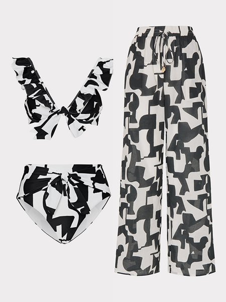 

Vacation Geometric Printing V Neck Bikini With Cover Up, Black-white, Bikini Sets