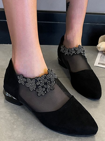 

Black Rhinestone Flowers Sexy Mesh Mosaic Dress Shoes, Flats