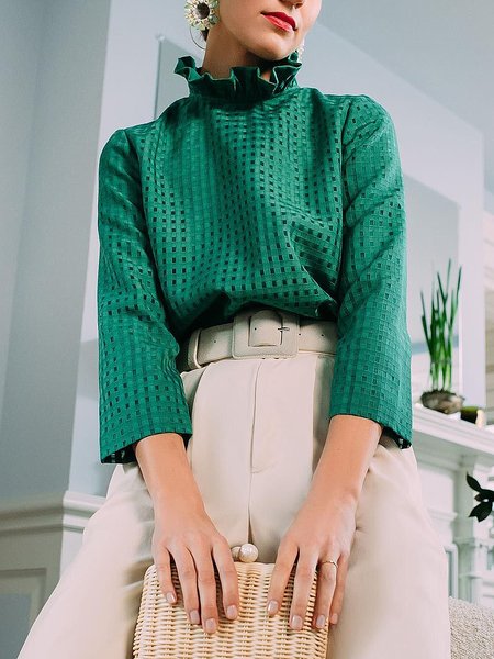

Plain Regular Fit Lotus Leaf Collar Elegant Blouse, Green, Blouses and Shirts