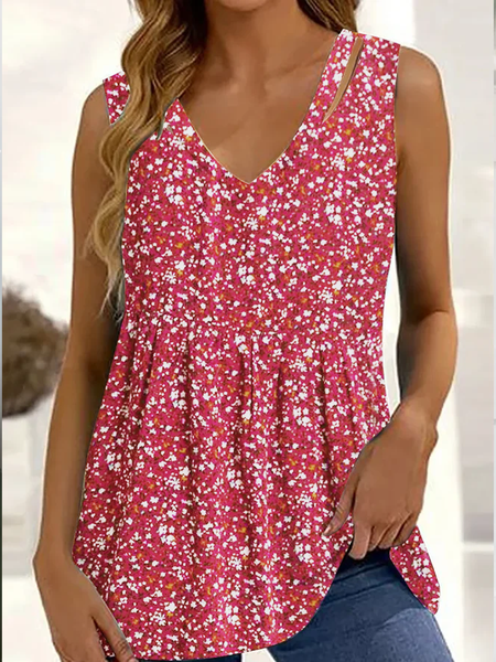 

V Neck Knitted Vacation Floral Tank Top, Pink, Tanks & Camis