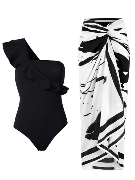 

Vacation Abstract Printing One Shoulder One Piece With Cover Up, Black, One-Pieces