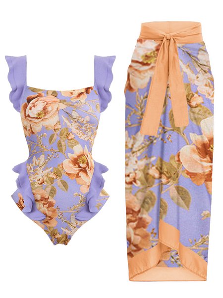 

Elegant Floral Printing Scoop Neck One Piece With Cover Up, Multicolor, swimwear>>One-Pieces