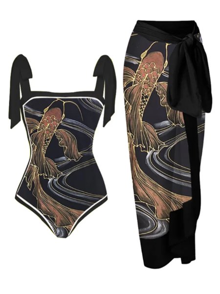 

Vacation Abstract Printing Scoop Neck One Piece With Cover Up, Black, swimwear>>One-Pieces