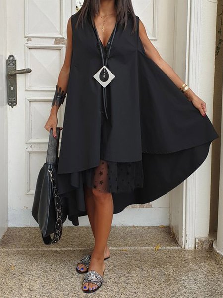 

Casual Sleeveless Loose V Neck Plain Dress, Black, Midi Dresses