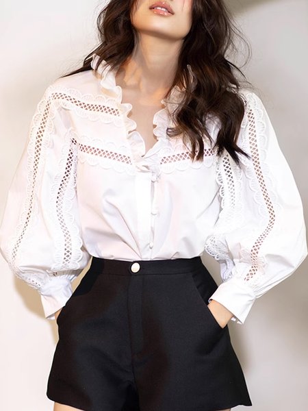 

Long sleeve Elegant Lotus Leaf Collar Blouse, White, Blouses and Shirts