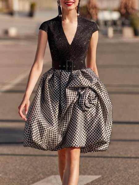 

Elegant V Neck Polka Dots Mini Dress, Black, Mini Dresses