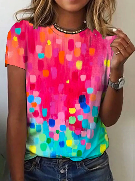 Crew Neck Casual Ombre Loose Rainbow Dot Short Sleeve T Shirt