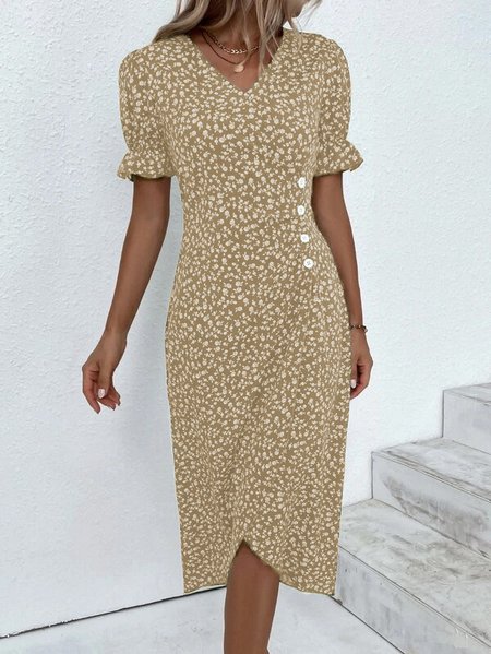 

Vacation Floral V Neck Dress, Light khaki, Dresses