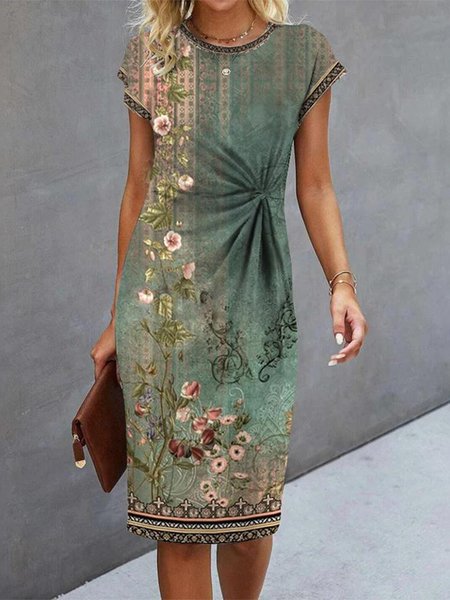 

Regular Fit Floral Crew Neck Vintage Dress, Green, Dresses