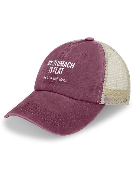 

Men's My Stomach Is Flat The L Is Just Silent Funny Graphic Printing Text Letters Washed Mesh Back Baseball Cap, Wine red, Women's Hats