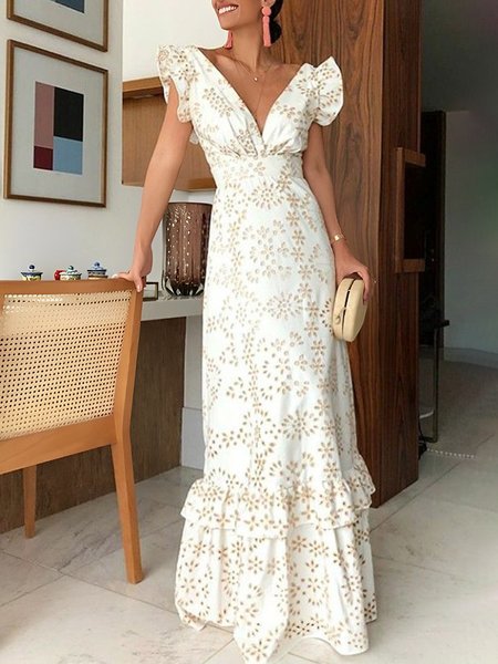 

Elegant Plain V Neck Regular Fit Dress, White, Maxi Dresses