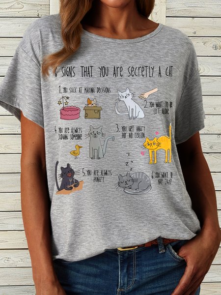 

Women's Six signs that you are secretly a cat crazy cat lady Letters Casual T-Shirt, Gray, T-shirts