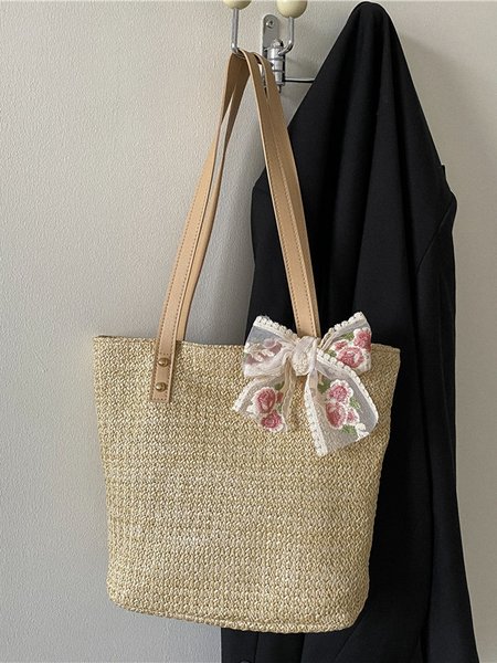 

Holiday Straw Lace Bow Tote Female Shoulder Bag Daily Boho, Khaki, Women's Bags