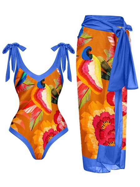 

Casual Abstract Printing One Piece With Cover Up, Multicolor, One-Pieces