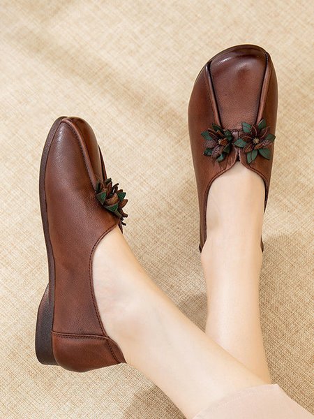 

Retro Three-dimensional Flower Brush Color Soft Flat Shoes, Deep brown, Flats