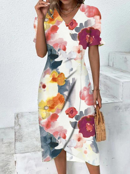

Buckle Floral V Neck Elegant Dress, White, Dresses