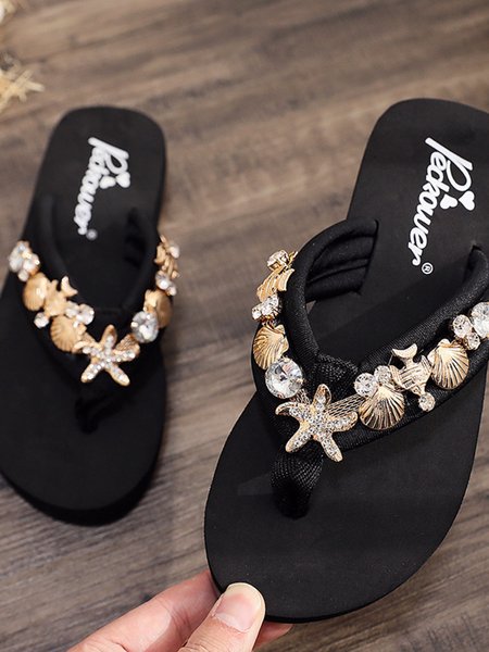 

Rhinestone flat beach slippers, Black, swimwear>>Beach Accessories
