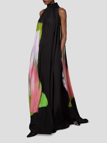 

Halter Vacation Random Print Sleeveless Dress, Black, Maxi Dresses