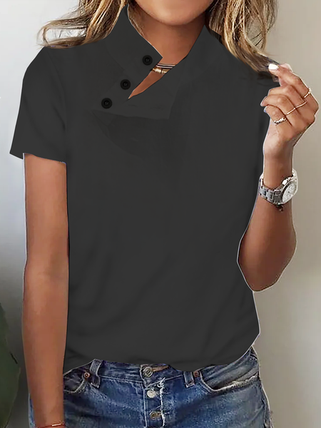 

Knitted Casual Loose Buttoned T-Shirt, Black, T-Shirts