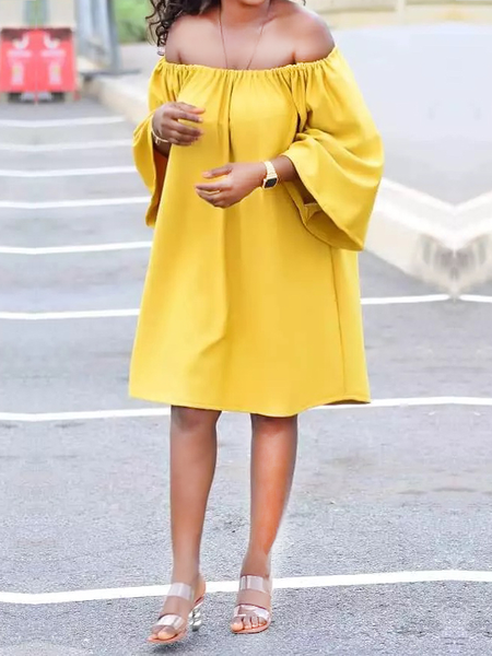 

Loose Three Quarter Cold Shoulder Elegant Plain Skirt Dress, Yellow, Midi Dresses