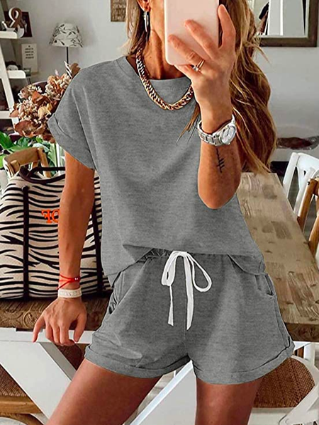 

Casual Loose Crew Neck Two-Piece Set, Gray, Tops