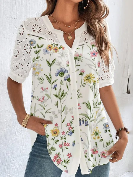

Buttoned Notched Loose Casual Blouse, White, Shirts & Blouses