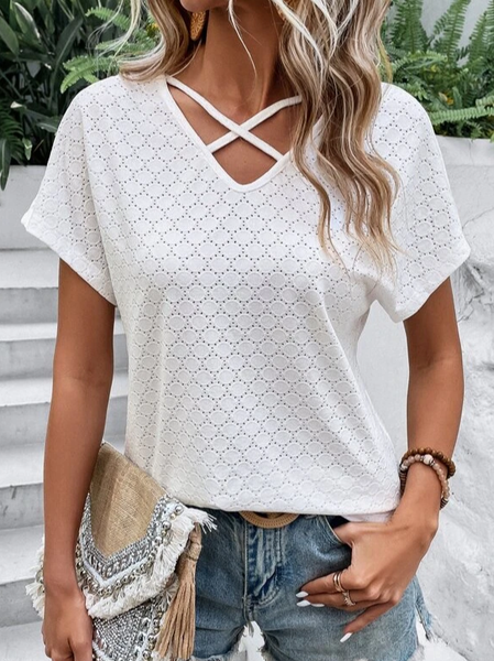 

Plain Casual Loose V Neck T-Shirt, White, T-Shirts