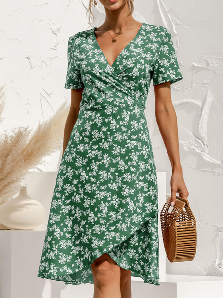 

Fashion Sweet Print Split Joint V Neck Irregular Dresses, Green, Dresses