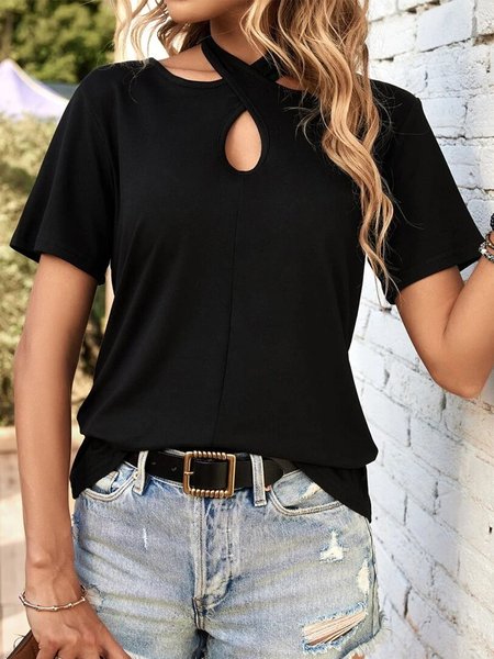 

Plain Casual Halter Hollow Out T-Shirt, Black, T-Shirts