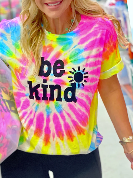 

Women's Be Kind Loose Casual Crew Neck Tie-Dye Pattern T-Shirt, Pink, T-shirts
