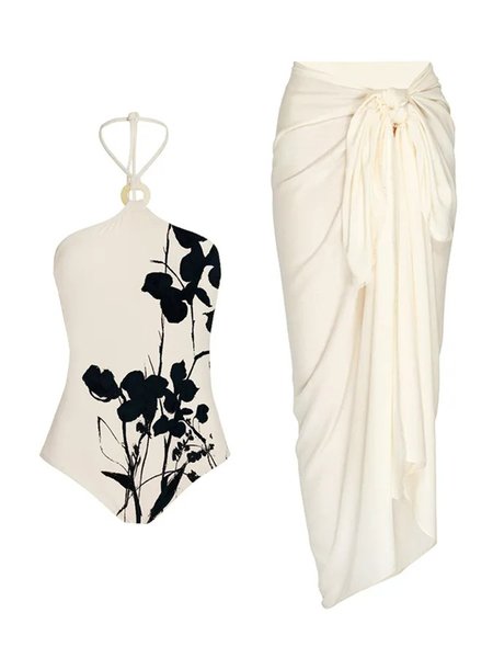 

Floral Strapless Elegant Printing One Piece With Cover Up, White, One-Pieces