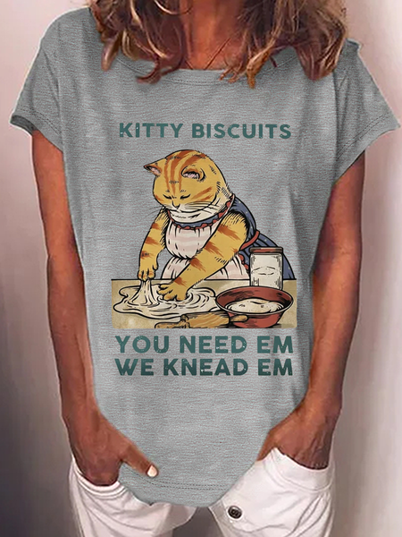 

Women's Funny Cat Making Biscuits Casual Loose T-Shirt, Gray, T-shirts