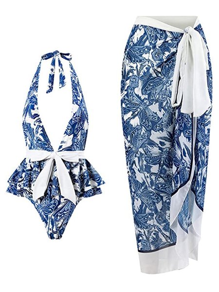 

Printing V Neck Abstract Vacation One Piece With Cover Up, Blue, One-Pieces