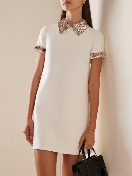 

Regular Fit Elegant Shawl Collar Plain Dress, Off white, Mini Dresses