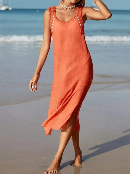 

Lace V Neck Linen Summer Vacation Dress, Orange, Midi Dresses