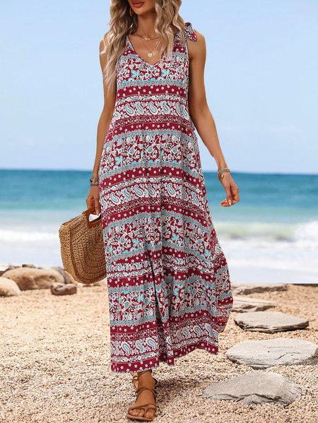

Boho V Neck Loose Ethnic Dress, Red, Dresses