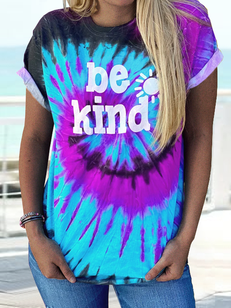 

Women's Be Kind Crew Neck Casual Blue Tie-Dye Pattern T-Shirt, T-shirts