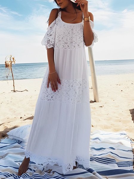 

Vacation Spaghetti Loose Plain Short sleeve Dress, White, Maxi Dresses