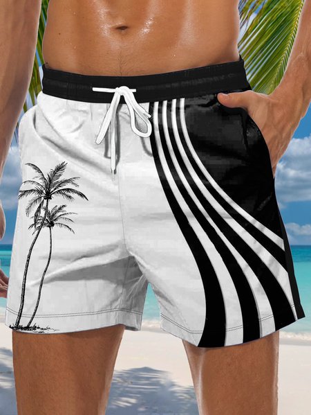 

Coconut Tree Drawstring Beach Shorts, Black, Men's shorts