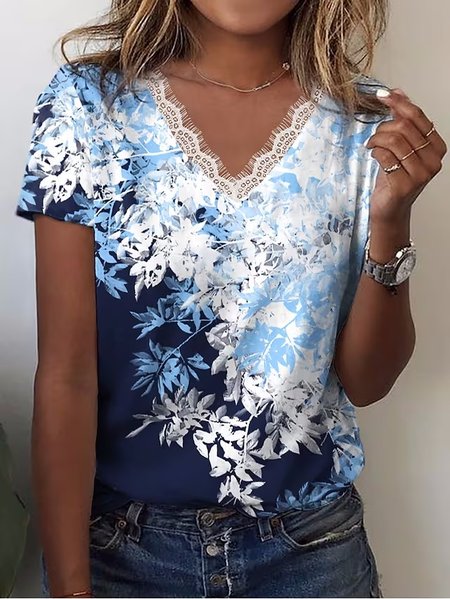 

Lace V Neck Casual Floral T-Shirt, Blue, T-Shirts