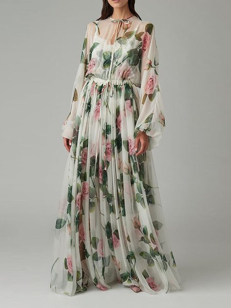 

Floral Regular Fit Vacation Crew Neck Dress, As picture, Maxi Dresses