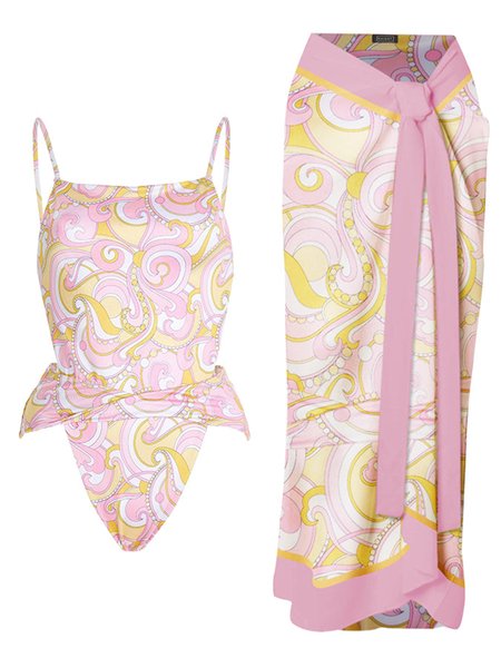 

Vacation Abstract Scoop Neck One Piece With Cover Up, Pink, One-Pieces
