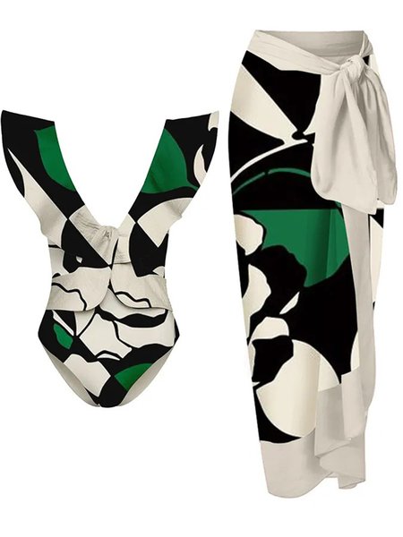 

Vacation V Neck Printing Abstract One Piece With Cover Up, Multicolor, One-Pieces