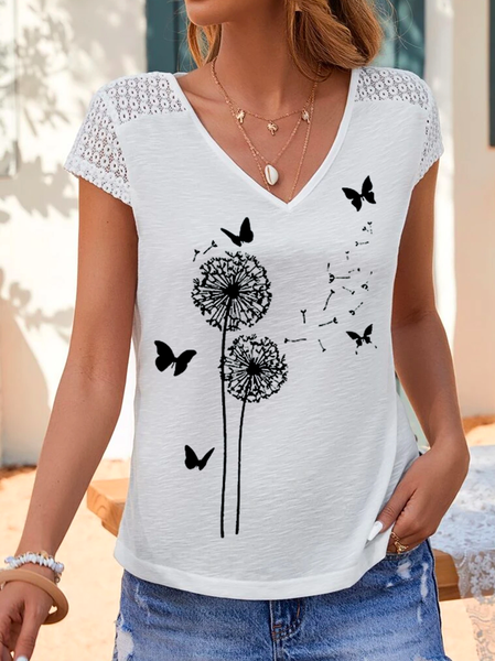 Lace Casual Dandelion Guipure Lace Panel T-Shirt, White, T-Shirts