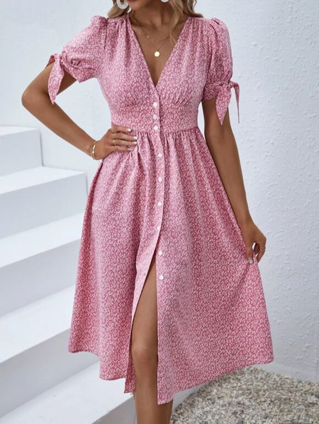 

V Neck Floral Loose Dress, Pink, Dresses
