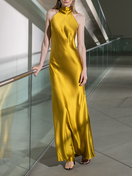 

Party Elegant Plain Dress, Yellow, Maxi Dresses