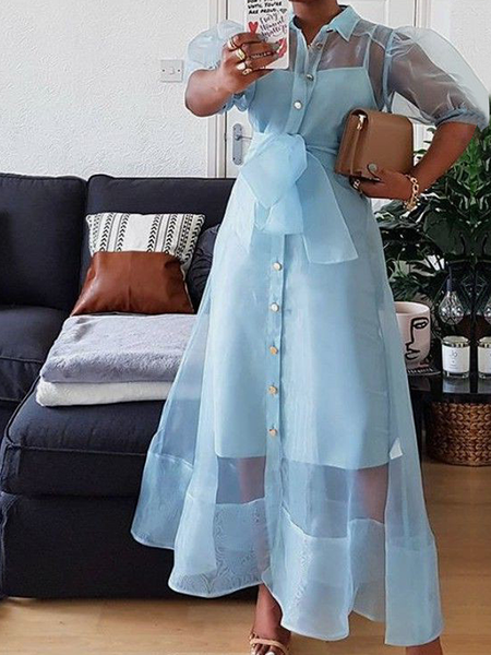 

Loose Short sleeve Elegant Shirt Collar Long Dress, Blue, Maxi Dresses