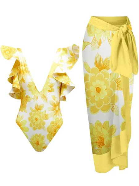 

V Neck Elegant Printing Floral One Piece With Cover Up, Yellow, swimwear>>One-Pieces