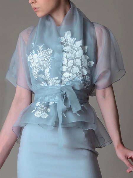 

Shawl Collar Elegant Floral Short Sleeve Kimono, As picture, Kimonos