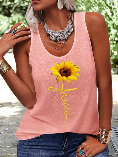 

Women's Sunflowe Jesus Print Crew Neck Casual Tank Top, Pink, Tank Tops